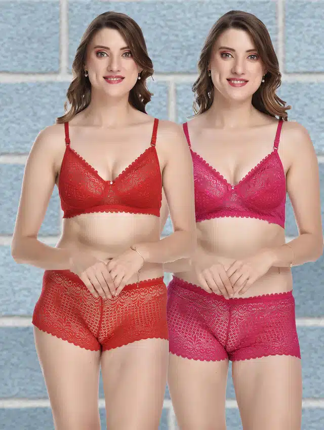 Women's Bra and Panty Set (Red & Pink, 38) (Set of 2) (F-2026)