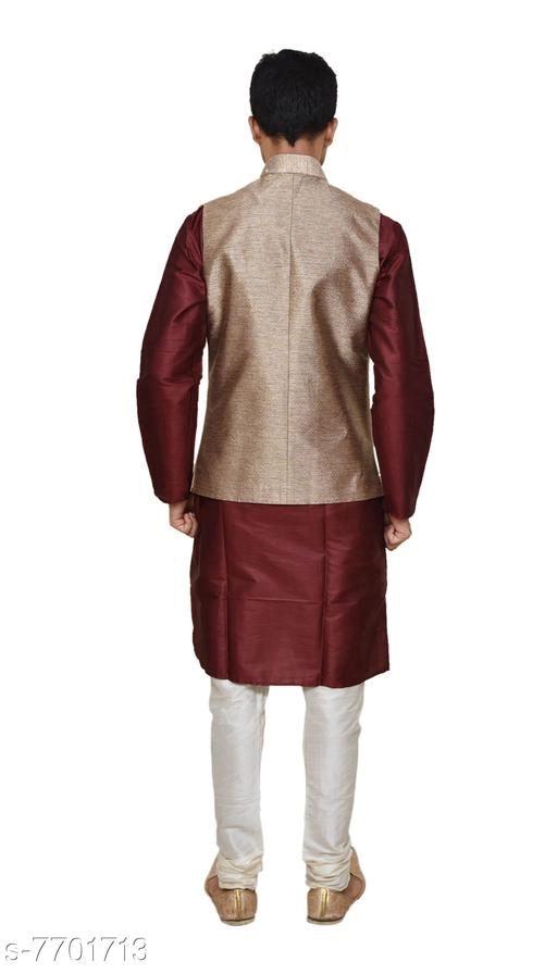 Dupion Silk Solid Kurta with Pyjama & Jacket for Men (Maroon & Brown, S)