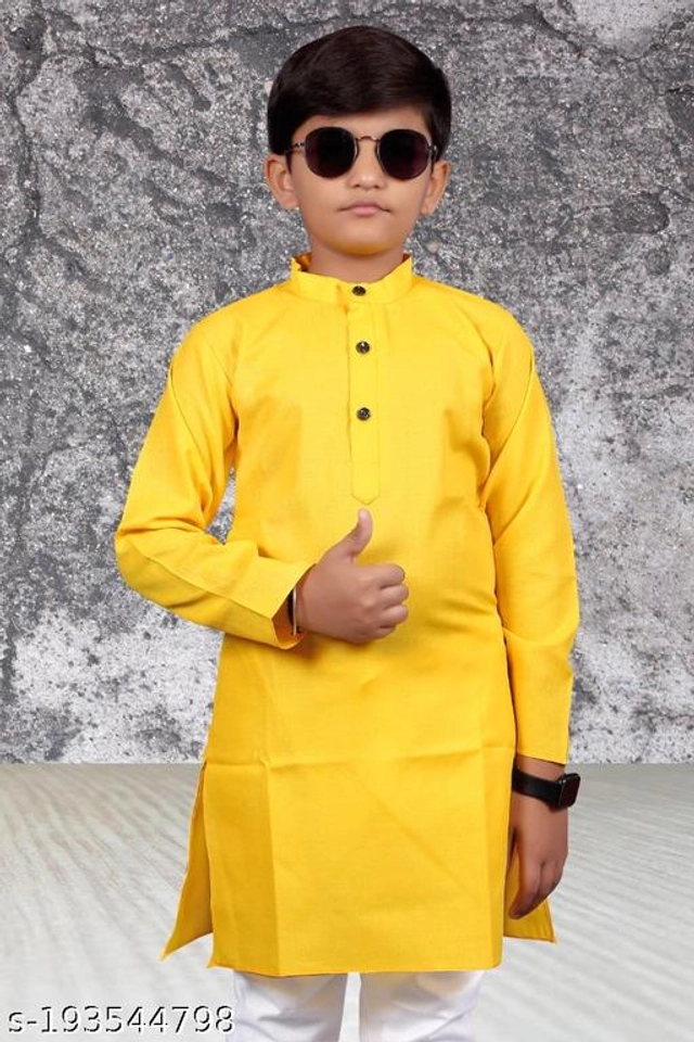 Cotton Blend Kurta Sets for Boys (2-3 Years, Yellow & White)