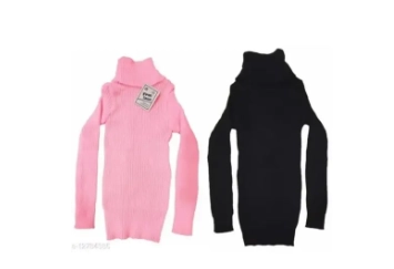 Woolen Solid High Neck Sweaters for Girls (Pink & Black, 1-2 Years) (Pack of 2)