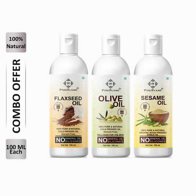 PuriFlame Pure Flaxseed Oil (100 ml) & Olive Oil (100 ml) & Sesame Oil (100 ml) Combo For Rapid Hair Growth (Pack Of 3) (B-4210)