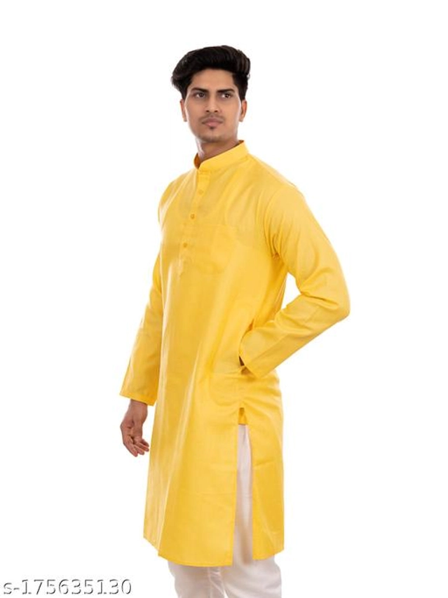 Cotton Blend Kurta for Men (Yellow, S)