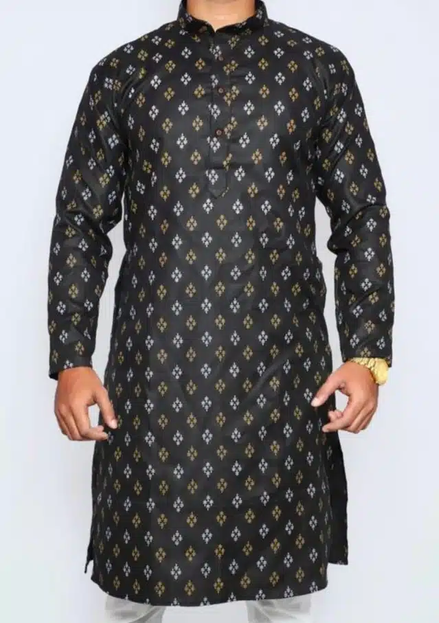 Cotton Printed Full Sleeves Kurta with Pyjama for Men (Black, M)
