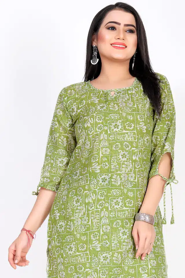 Cotton A-Line Kurti with Pant (Green, M)