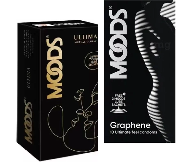 Combo of Moods 10 Pcs Graphene & 10 Pcs Ultima Mutual Climax Condoms with 3 Pcs Free Lube Sachets (Set of 2)