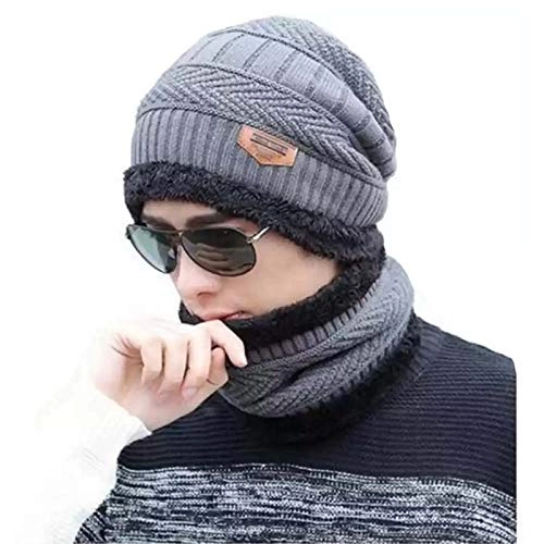 Woolen Cap with Neck Warmer & Gloves for Men & Women (Grey & Black, Set of 2)