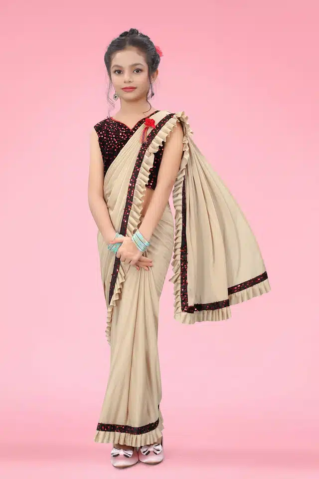 Ready To Wear Saree with Unstitched Blouse for Girls (Beige, 10-11 Years)