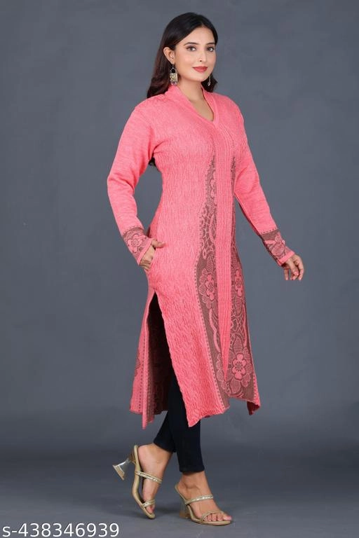 Woolen Printed Kurti for Women (Pink, L)