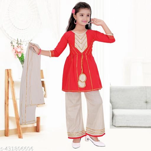 Poly Silk Kurta Sets for Girls (Red & White, 2-3 Years)