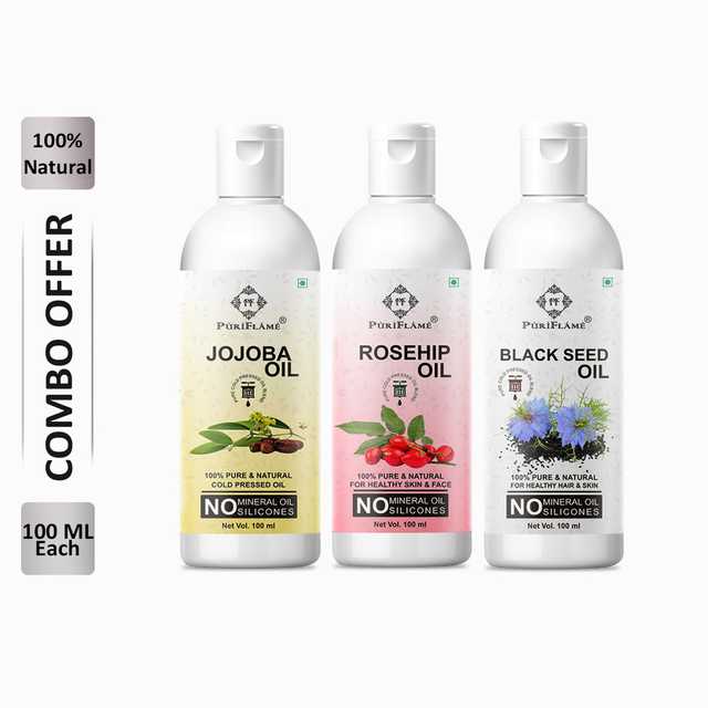 PuriFlame Pure Jojoba Oil (100 ml) & Rosehip Oil (100 ml) & Blackseed Oil (100 ml) Combo For Rapid Hair Growth (Pack Of 3) (B-5278)