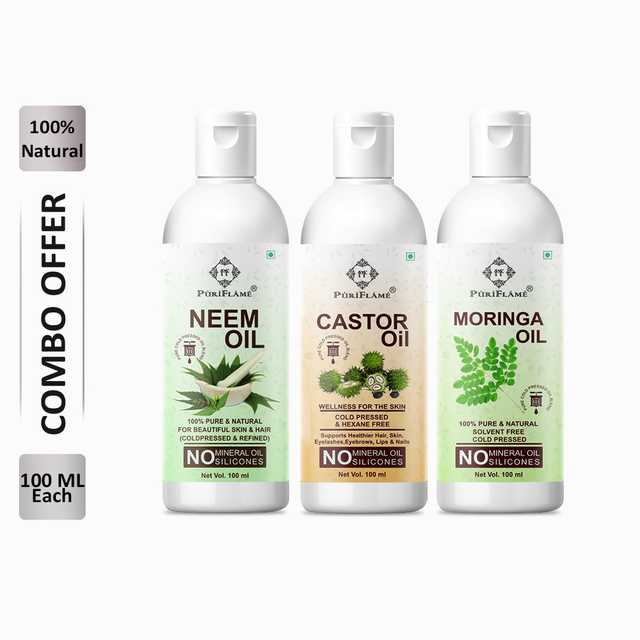 PuriFlame Pure Neem Oil (100 ml) & Castor Oil (100 ml) & Moringa Oil (100 ml) Combo For Rapid Hair Growth (Pack Of 3) (B-5788)