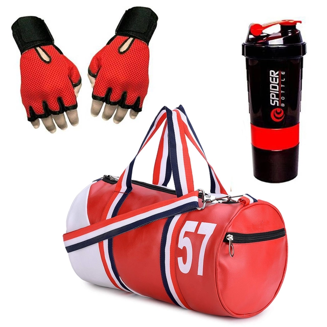 Polyester Printed Gym Bag with Gloves & Shaker Bottle (500 ml) for Men & Women (Multicolor, Set of 1)