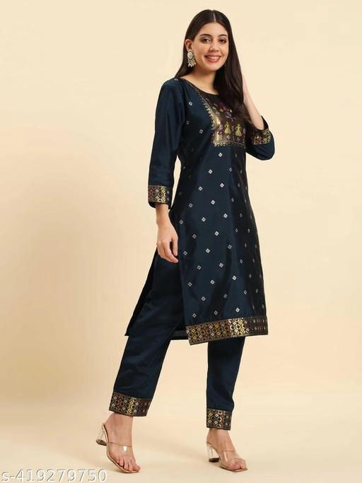 Art Silk Woven Design Kurti with Pant & Dupatta for Women (Black, S)