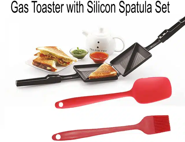 Manual Sandwich Maker with Silicon Spatula and Cooking Oil Brush (Set of 3, Multicolor)