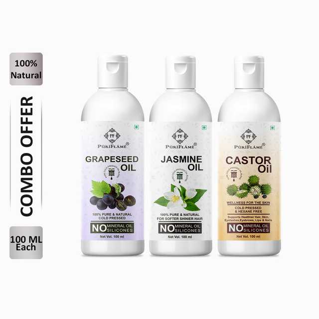 PuriFlame Pure Grapeseed Oil (100 ml) & Jasmine Oil (100 ml) & Castor Oil (100 ml) Combo For Rapid Hair Growth (Pack Of 3) (B-4470)