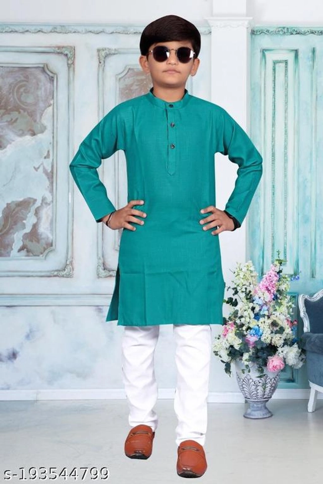 Cotton Blend Kurta Sets for Boys (2-3 Years, Turquoise & White)