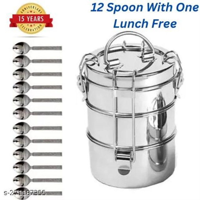 Stainless Steel 3 Layer Lunch Box with 12 Pcs Spoons (Silver, Set of 2)