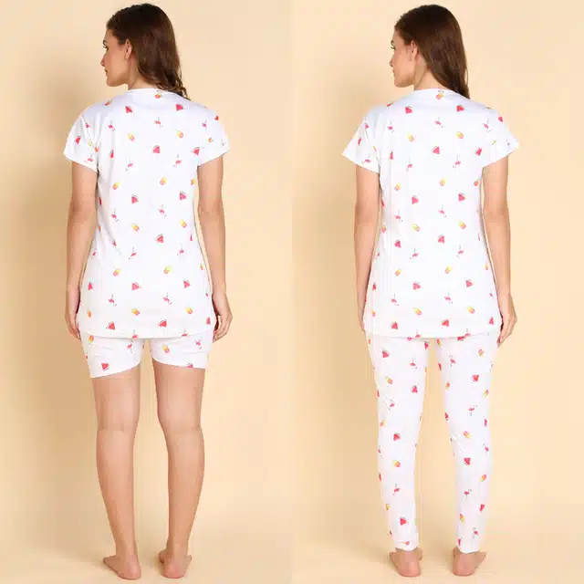Polyester Printed T-Shirt with Trouser & Shorts Nightsuit Set for Women (White, S)