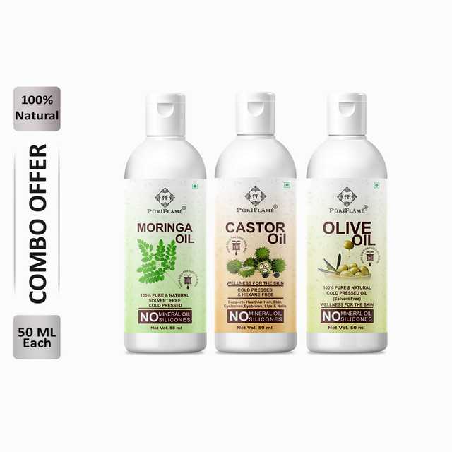 Puriflame Pure Moringa Oil (50 ml), Castor Oil (50 ml) & Olive Oil (50 ml) Combo for Rapid Hair Growth (Pack Of 3) (B-11750)
