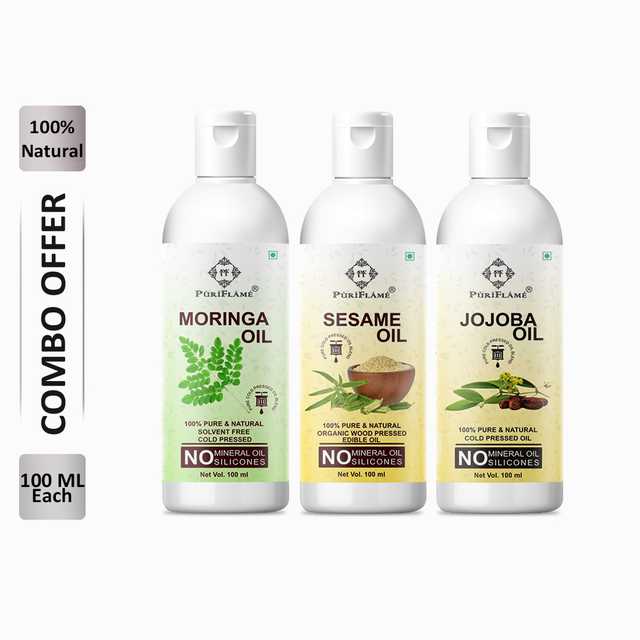 PuriFlame Pure Moringa Oil (100 ml) & Sesame Oil (100 ml) & Jojoba Oil (100 ml) Combo For Rapid Hair Growth (Pack Of 3) (B-5644)