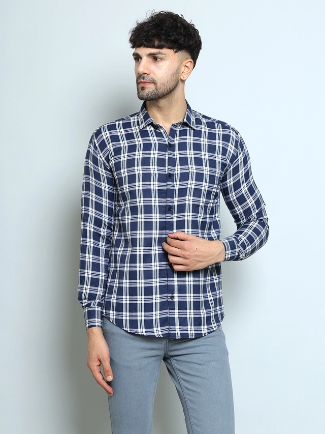 Full Sleeves Checked Shirt for Men (Blue, M)