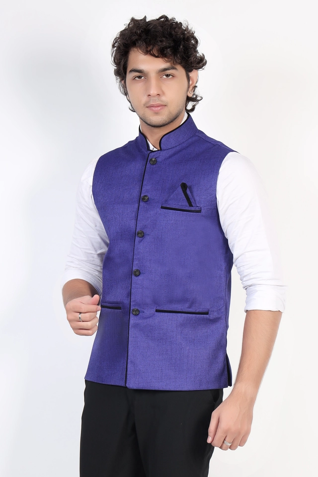 Jute Khadi Solid Waistcoat for Men (Blue, M)