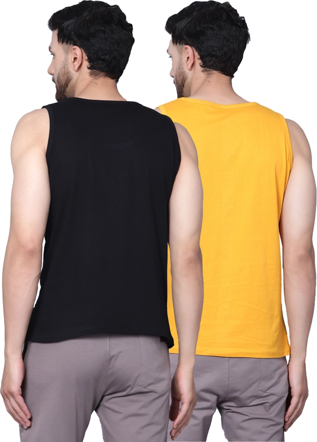 Cotton Blend Printed Vest for Men (Black & Yellow, M) (Pack of 2)