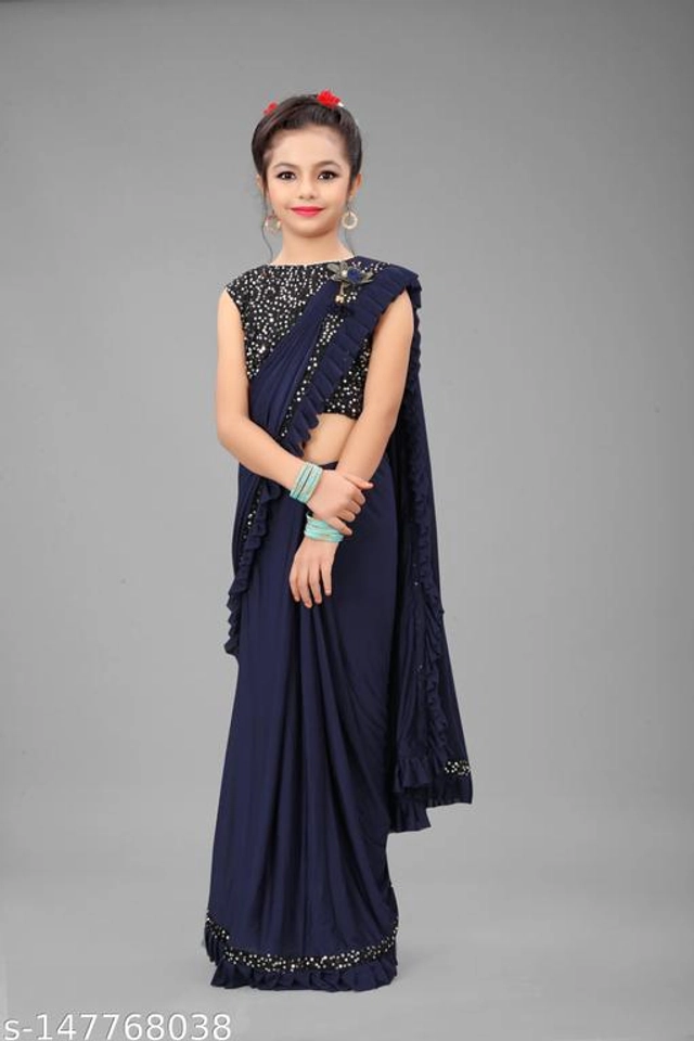 Solid Fancy Saree for Girls with Blouse (Navy Blue, 3-4 Years)