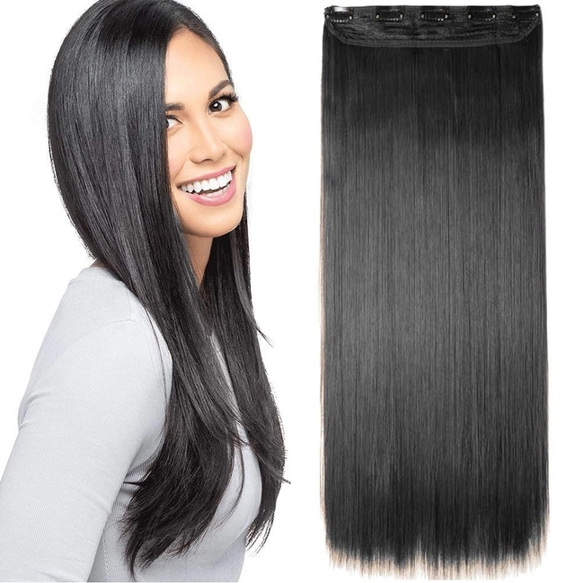 Synthetic Fiber 5 Clip Straight Natural Hair Extension for Women (Black)