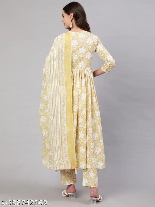 Cotton Printed Anarkali Kurti with Pant & Dupatta for Women (Yellow, S)