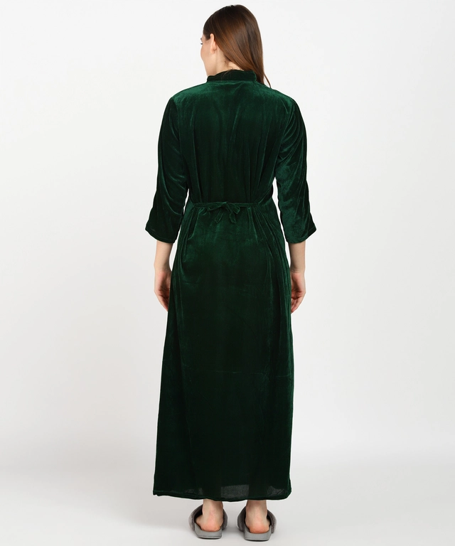 Velvet Embroidered Nightdress for Women (Bottle Green, Free Size)