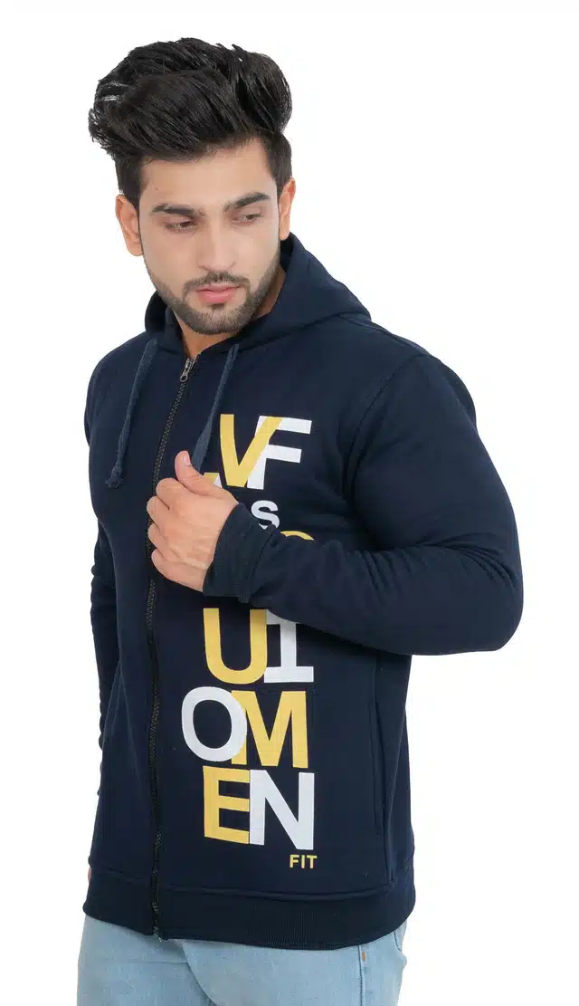 Men's Printed Hooded Sweatshirt (Navy Blue, L) (SS-40)