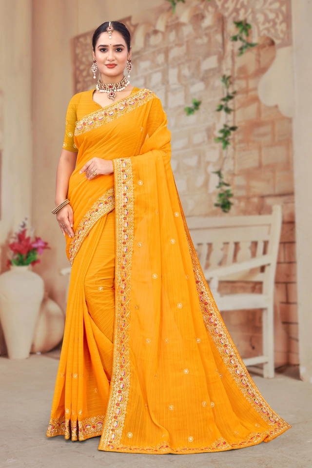 Chiffon Embroidered Saree for Women (Yellow, 6.3 m)