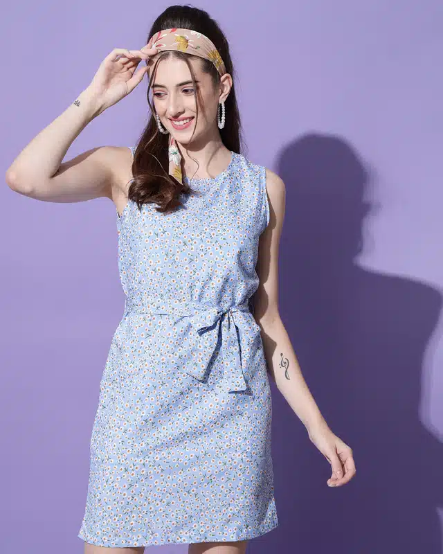Women's Floral Printed Sleeveless Midi Dress  (Blue, S)