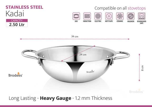 BRODEES Stainless Steel Heavy Gauge Kadhai 24 cm diameter (2.5 L capacity) (A-23)