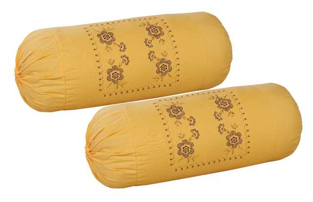 Embroidery Cotton Bloster Cover Pillow Cover (Mustard, 16x32inch) (Set Of 2 Pc)