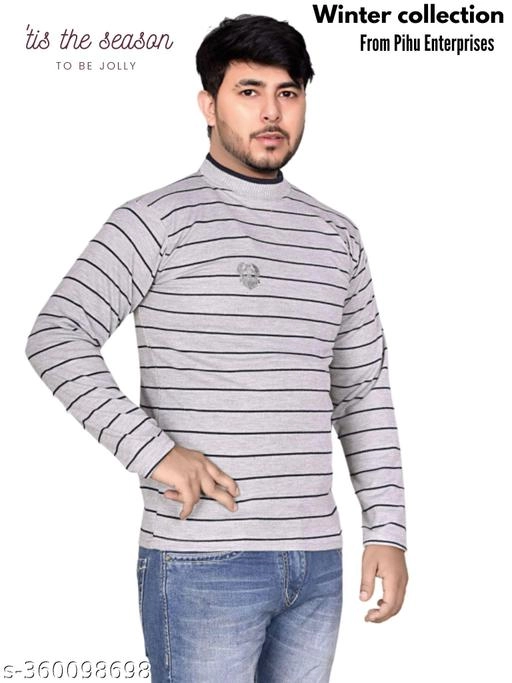 Woolen Striped Sweater for Men (Grey, M)