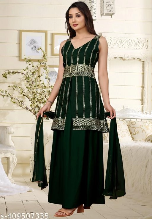 Rayon Embroidered Kurti with Sharara & Dupatta for Women (Green, S)