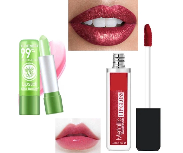 Combo of Metallic Waterproof Lip Gloss (6 ml) with Aloevera Lip Balm (Red, Set of 2)