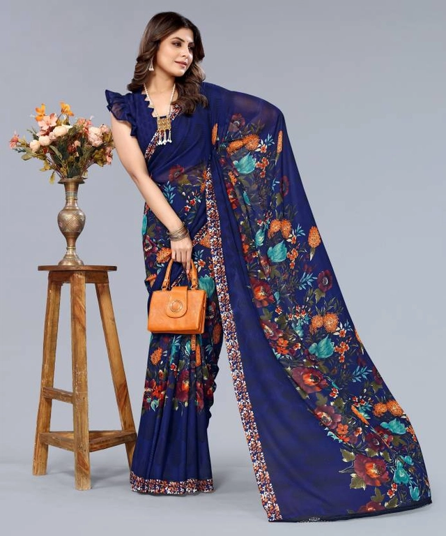 Georgette Printed Saree For Women (Blue, 6 M)