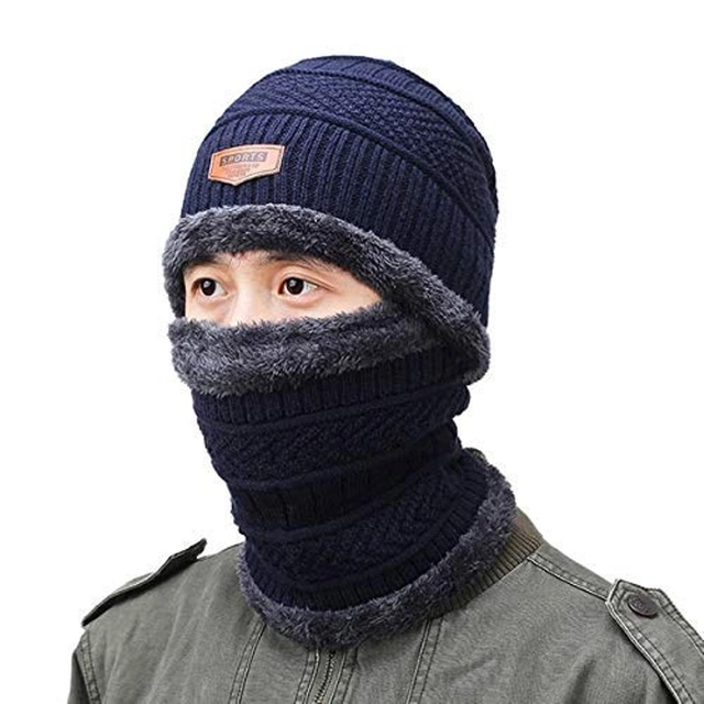 Woolen Cap with Neck Warmer & Gloves for Men & Women (Blue & Black, Set of 2)