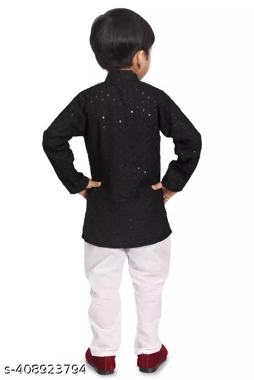 Rayon Embroidered Kurta with Pyjama for Boys (2-3 Years, Black & White)