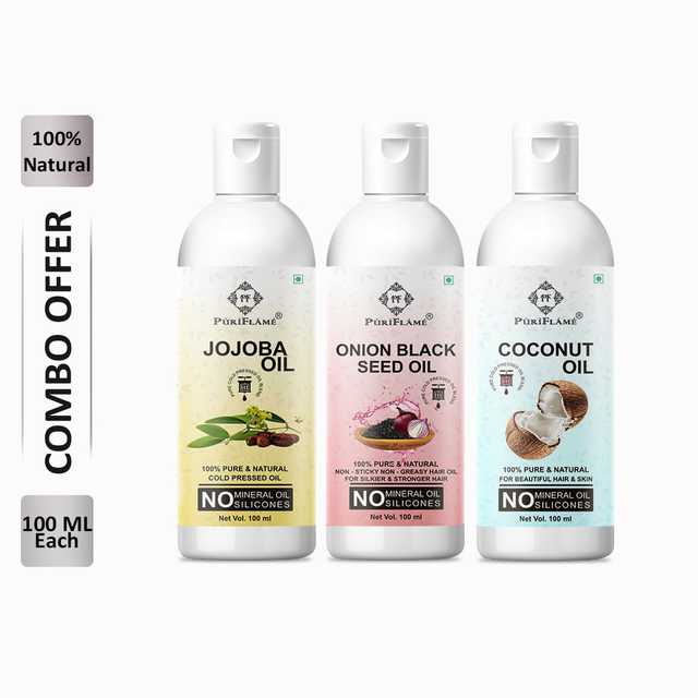 PuriFlame Pure Jojoba Oil (100 ml) & Onionblackseed Oil (100 ml) & Coconut Oil (100 ml) Combo For Rapid Hair Growth (Pack Of 3) (B-5244)