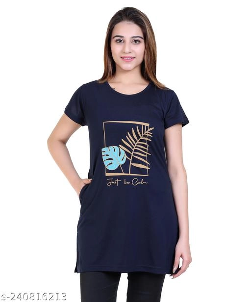 Round Neck Printed Long T-Shirt for Women (Navy Blue, M)