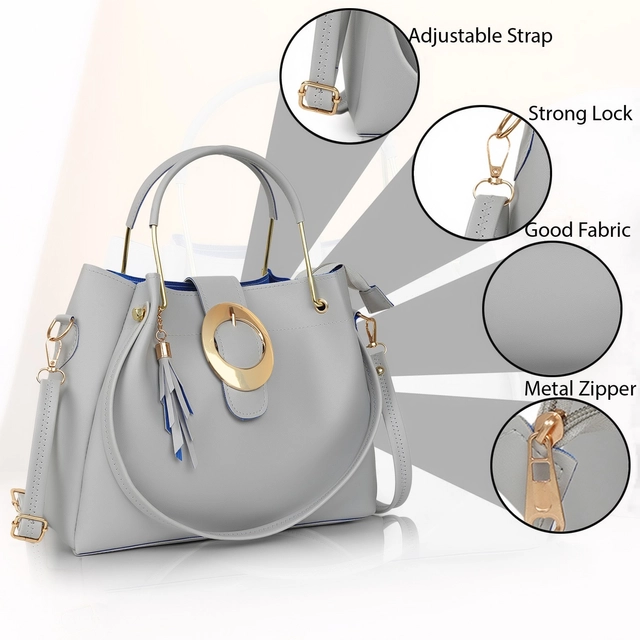 PU Solid Handbag for Women (Grey)