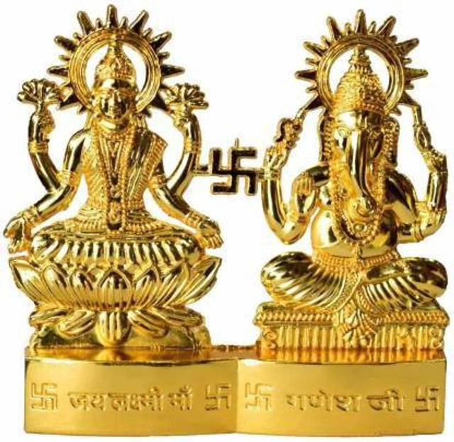 Brass Ganeshji with Maa Laxmi Idol (Gold, 10 cm)