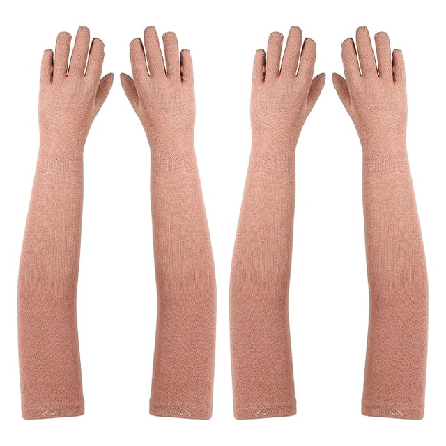 Cotton Solid Full Hand Gloves for Men & Women (Beige, Set of 2)