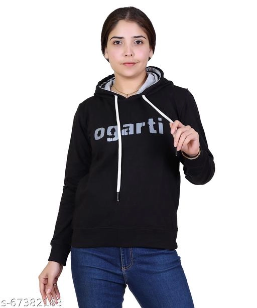 Cotton Blend Printed Hoodie for Women (Black, M)