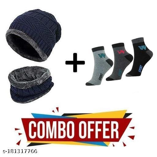 Woolen Cap with 3 Pair Socks for Men (Multicolor, Set of 4)