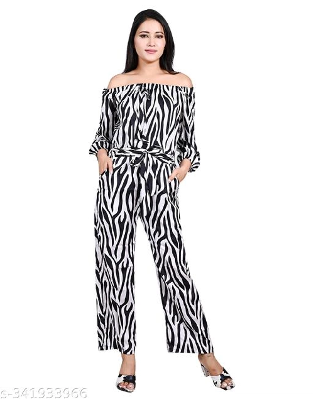 Crape Jumpsuit for Women (Black & White, S)